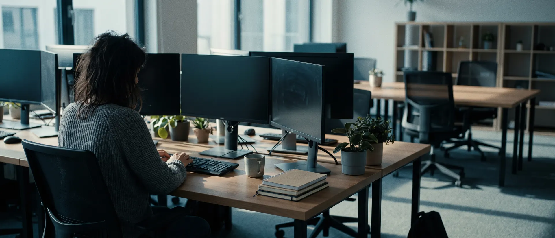 An operator working at a multi-monitor desk in a quiet office, late afternoon light across the desk.